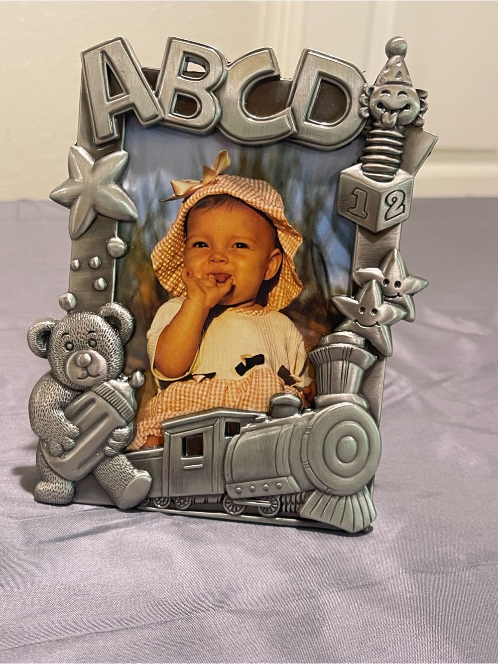 Silver Baby-Themed Picture Frame with ABC & Train Accents